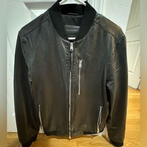 All Saints Men’s Kino black leather bomber jacket sized M